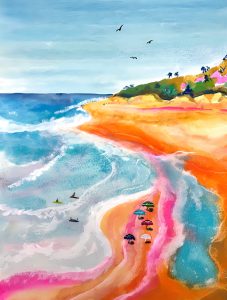 Coastal beach watercolour painting by Trish Davis