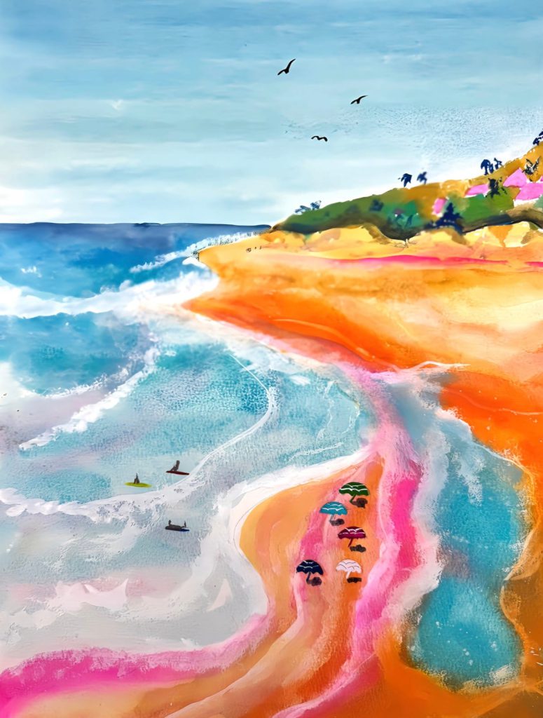Coastal beach watercolour painting by Trish Davis