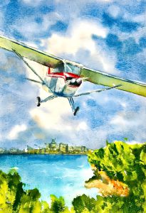Small plane over a lake, watercolour painting by Trish Davis